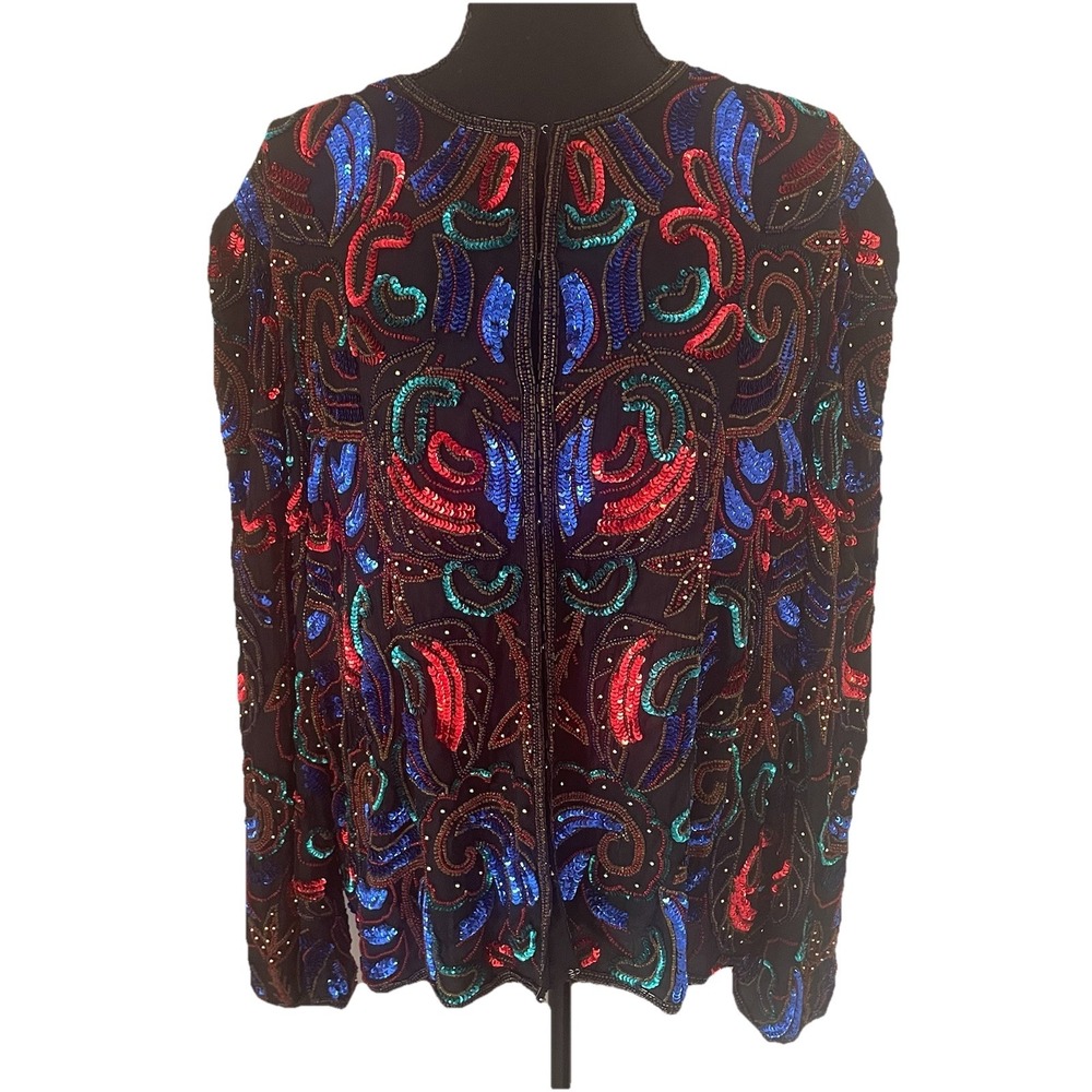 VTG  SCALA 100% Silk Evening Jacket Sz 1X Beaded‎ Sequin Multicolor Paisley Glam
